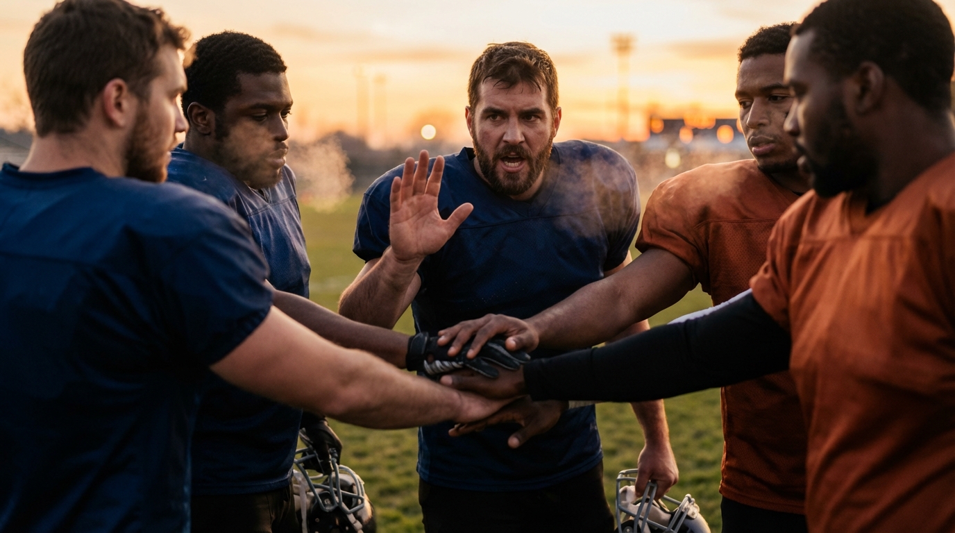 Football players in a sunset huddle with leader raising hand