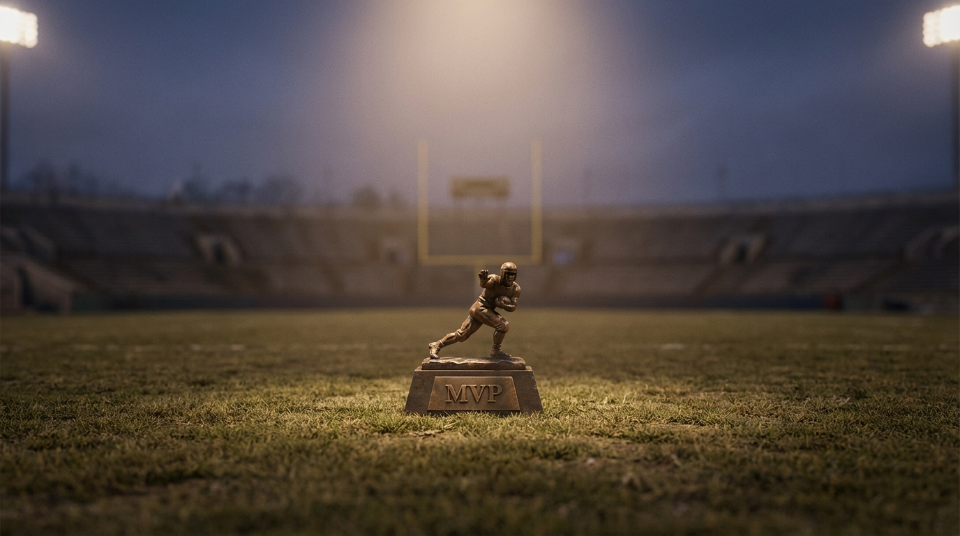 Football MVP trophy in a stadium with subtle spotlight and blurred stands