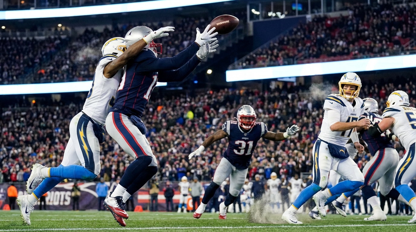 Leaping Patriots-style receiver and Chargers-style defender contesting a catch under playoff lights; scrambling quarterback and edge rusher in background