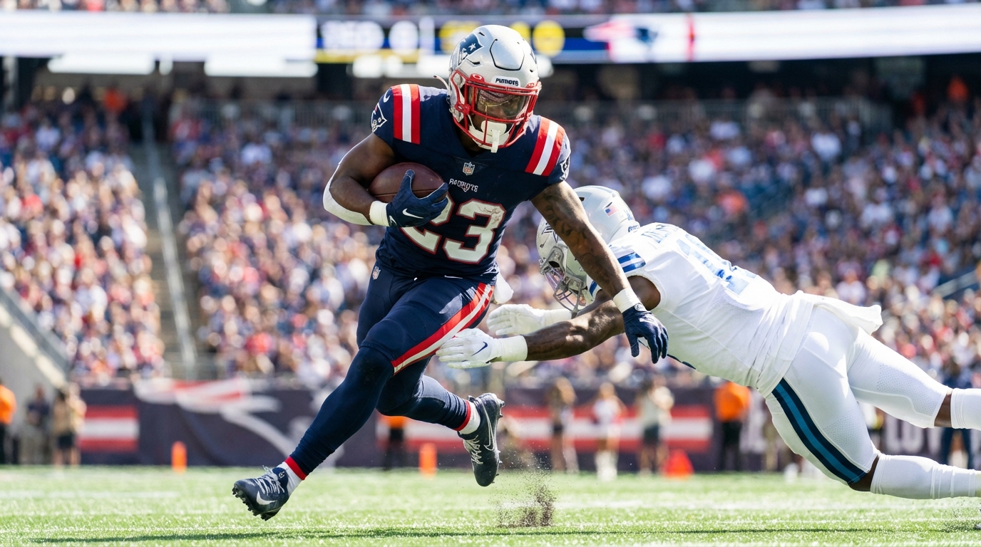 TreVeyon Henderson breaking a tackle, showing explosive running style