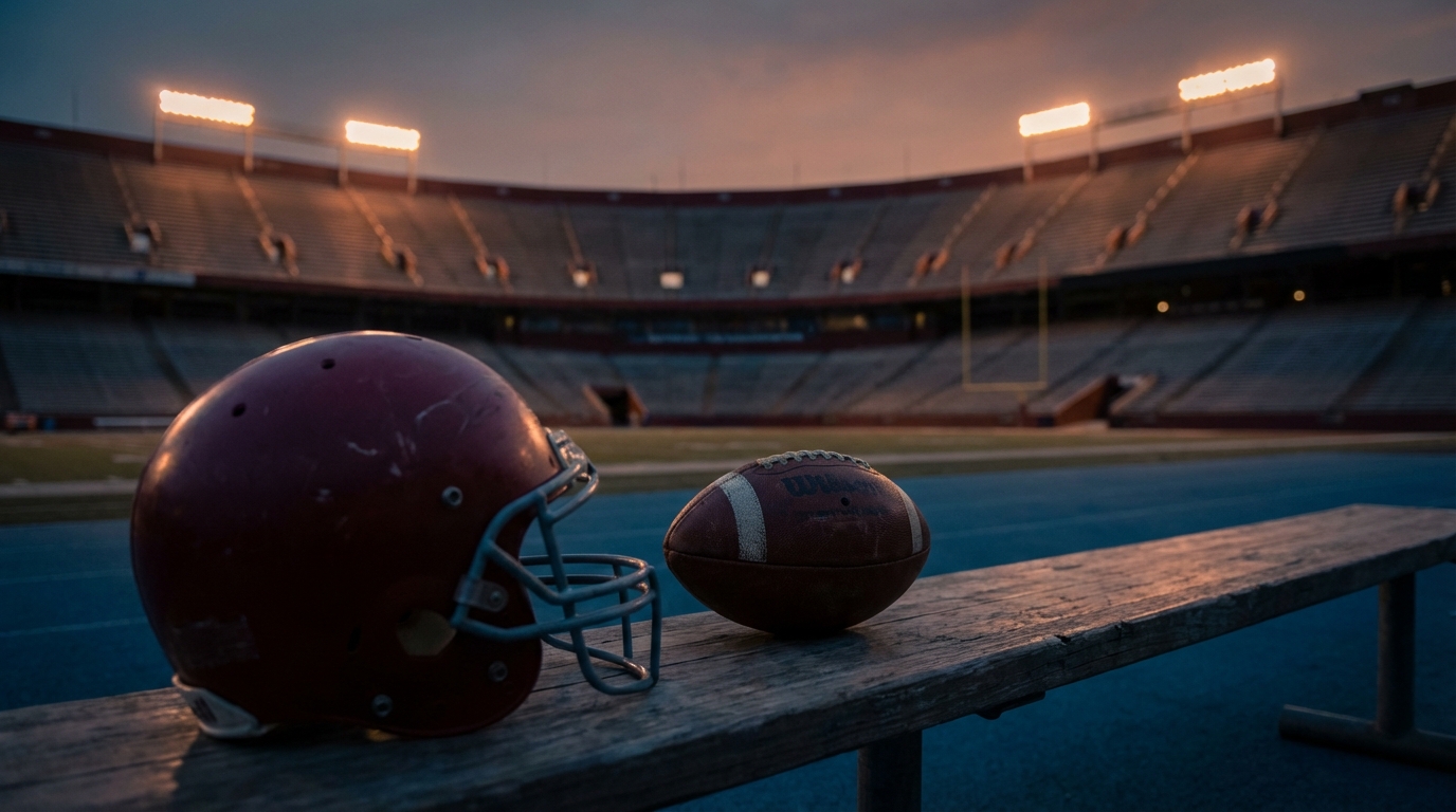 Empty stadium at dusk with helmet and football on sideline