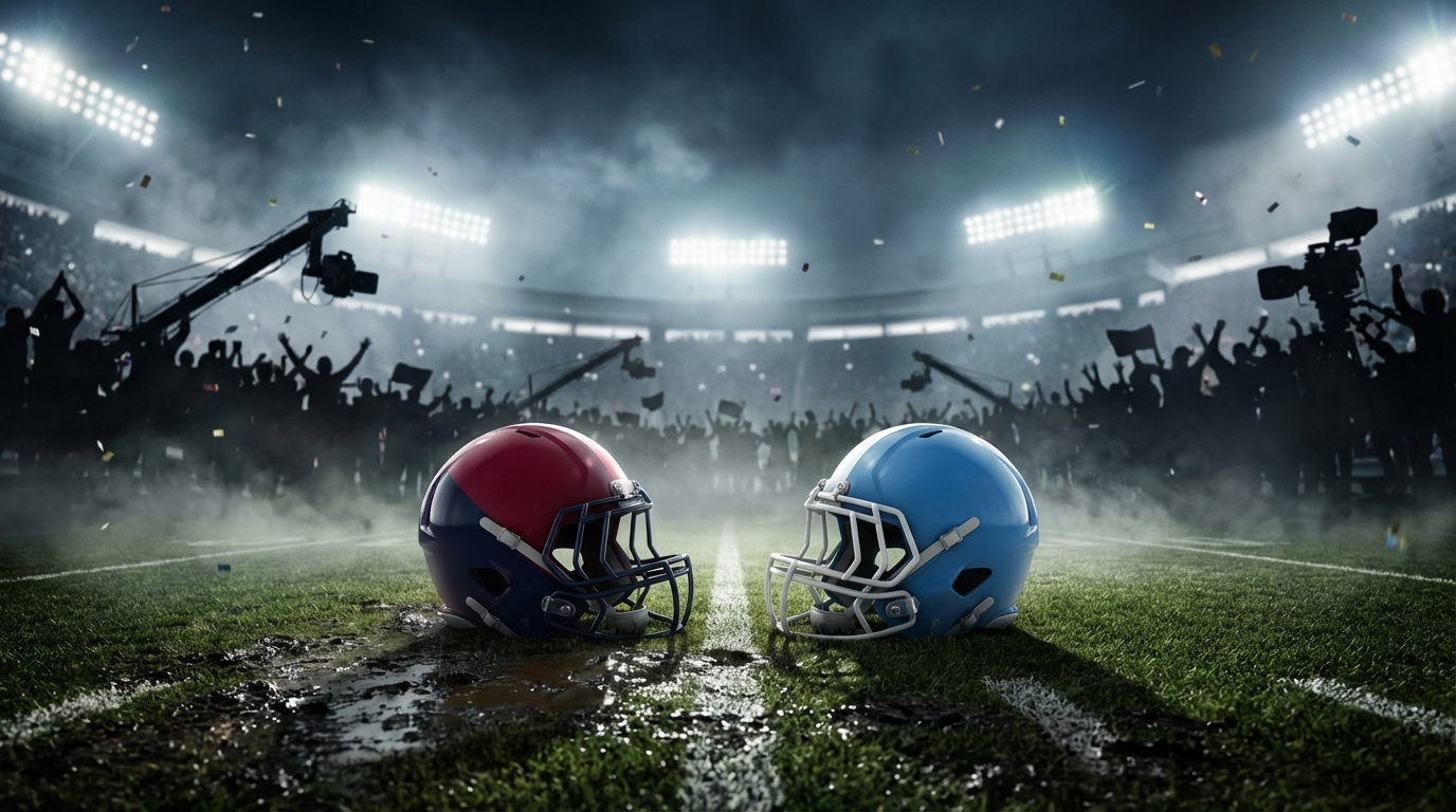 Intense Wild Card playoff atmosphere with two helmets facing off under stadium lights and cheering fans