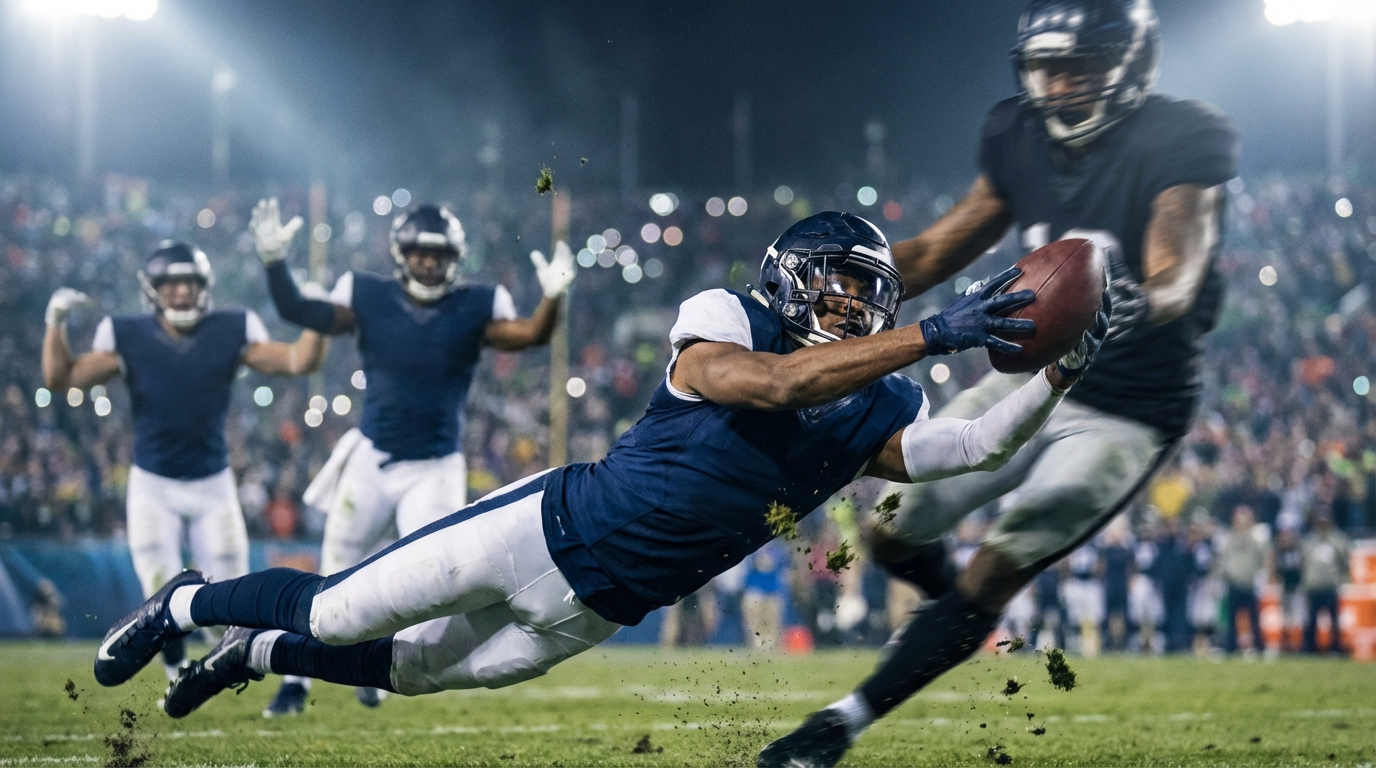 Christian Gonzalez leaping to break up a pass in a night playoff game