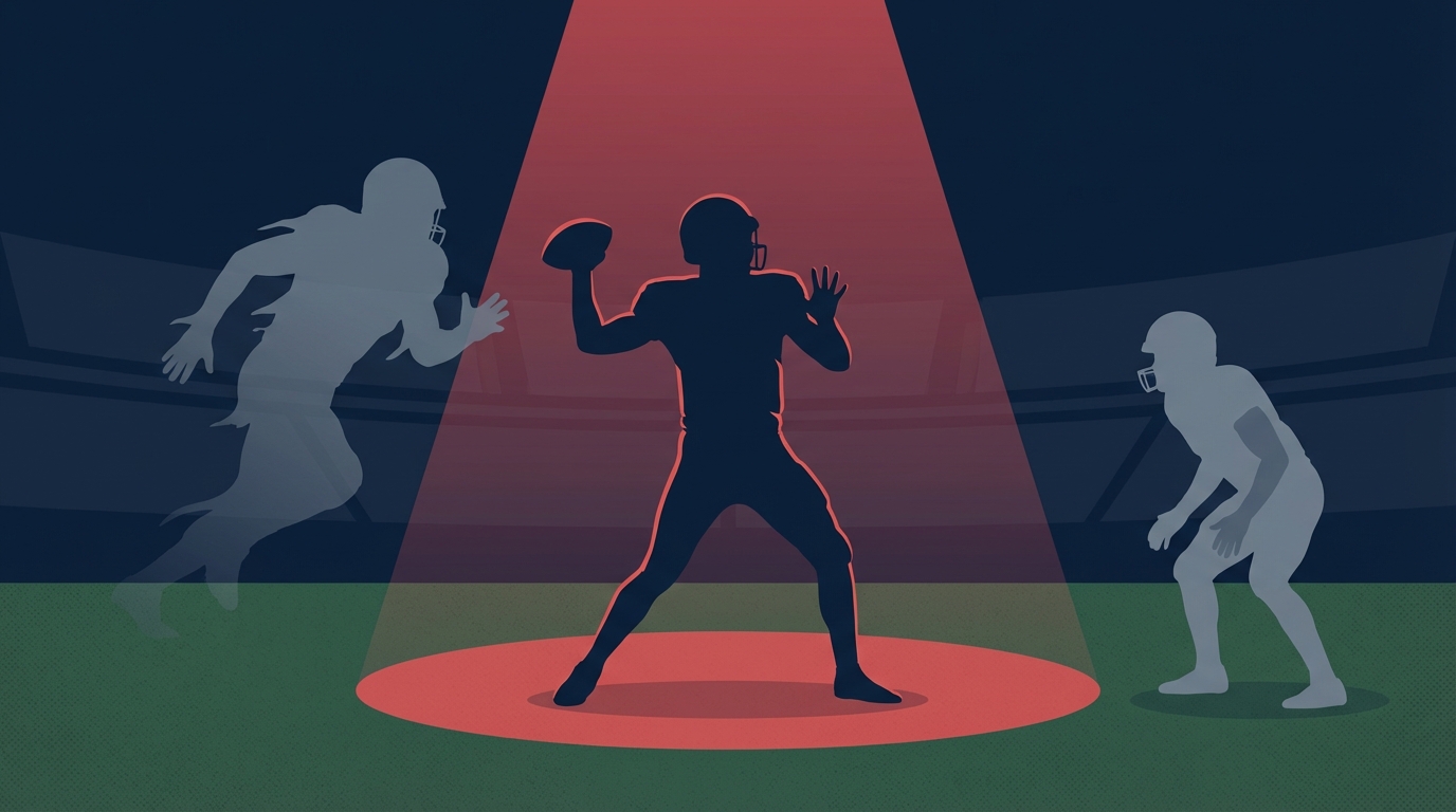 Quarterback in spotlight with a larger shadow figure leaning forward, symbolizing a leadership challenge in sports