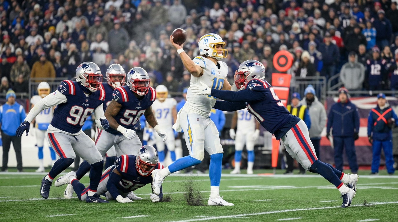 Patriots defenders collapse pocket on Justin Herbert at Gillette Stadium