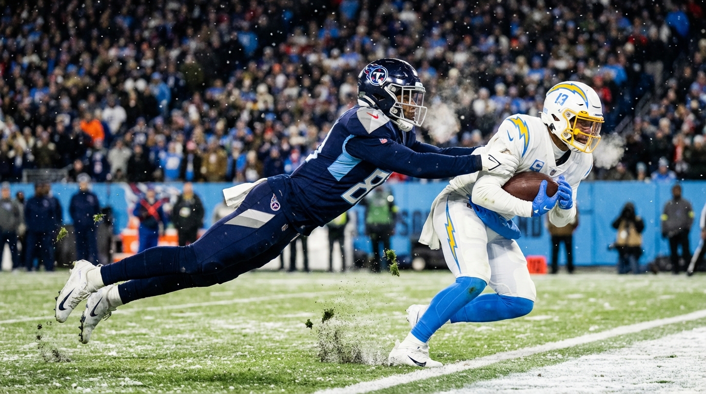 Patriots defender tackles Chargers ball carrier near the sideline under stadium lights