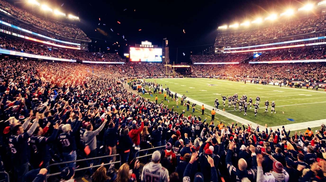 A wide-angle night shot of a packed stadium in Foxborough with cheering fans, confetti in the air, bright stadium lights casting flares across the field, and silhouetted players celebrating near the sideline. The scene captures the electric playoff atmosphere and communal celebration without any visible logos or text.