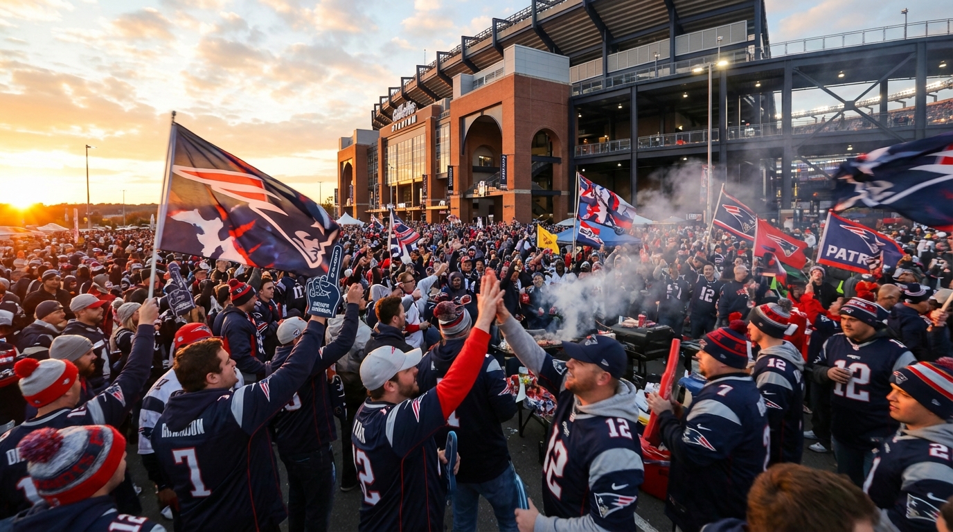 Fans cheering outside Gillette Stadium