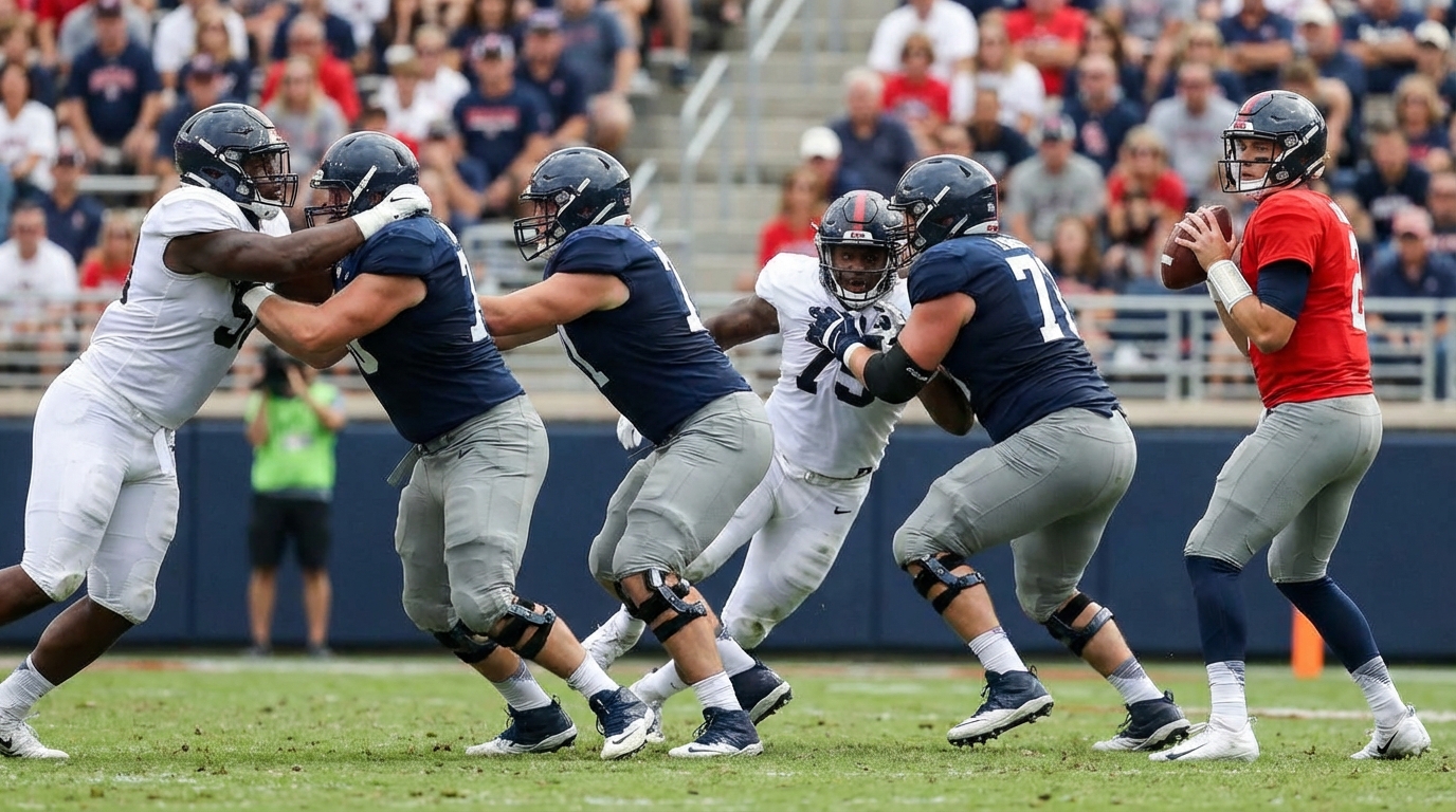 Offensive line pass protection showing left tackle losing ground to an edge rusher and overload pressure to the left.