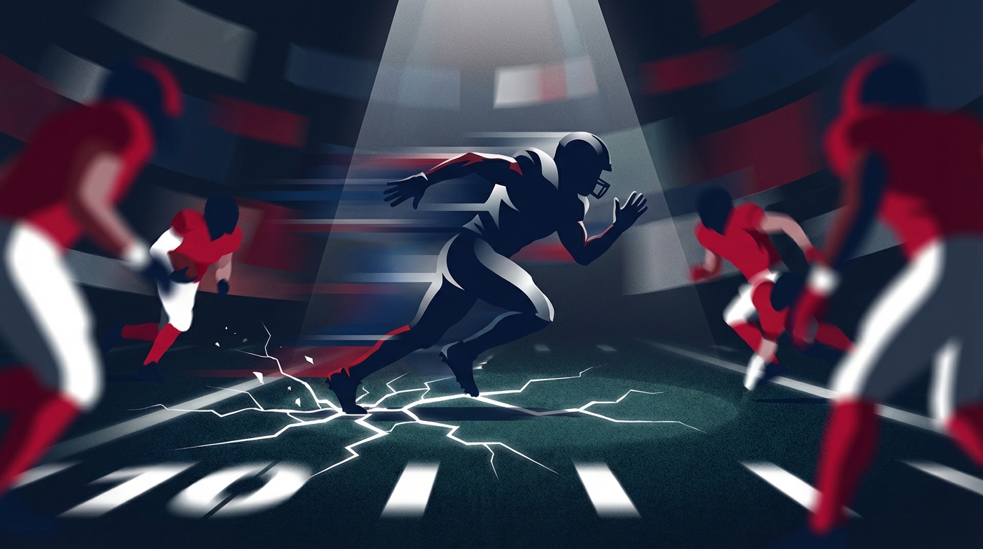 Dynamic editorial illustration of a linebacker bursting through shadowy opponents, motion blur and broken turf lines suggesting speed and a sudden breakthrough