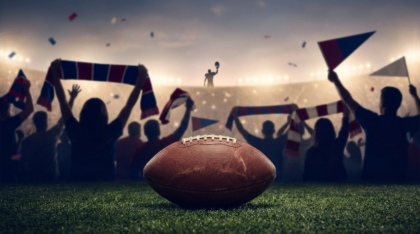 Worn leather football on turf with fans and confetti