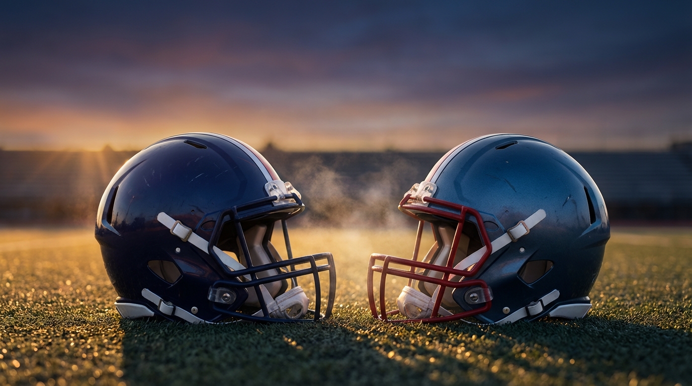 Two helmets facing each other on turf at sunset