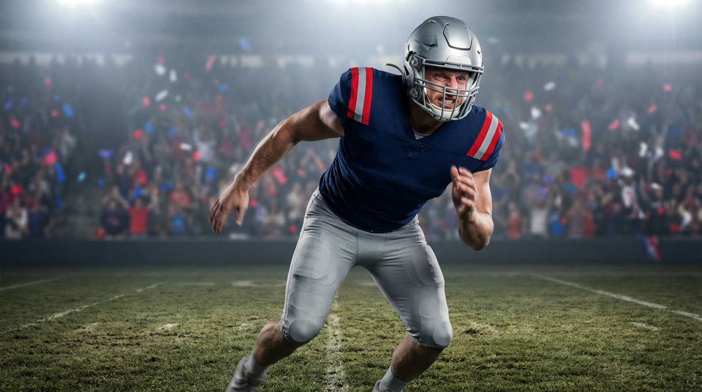 Concept image of Maxx Crosby in a New England Patriots-style uniform on a stadium field at dusk