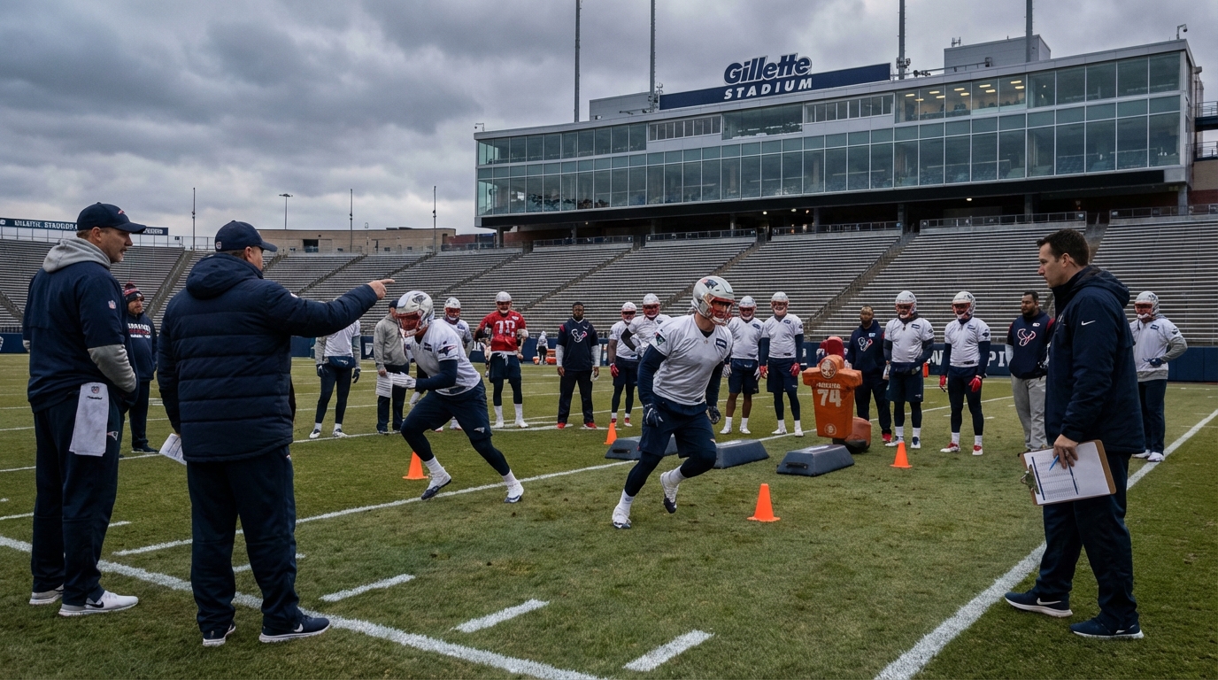 Practice scene at Gillette Stadium showing Patriots and Texans players during divisional-round prep