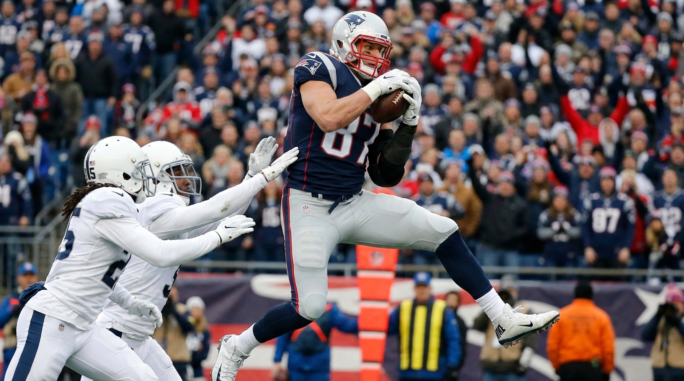 Hunter Henry making a contested catch in New England Patriots uniform, mid-air, stadium background