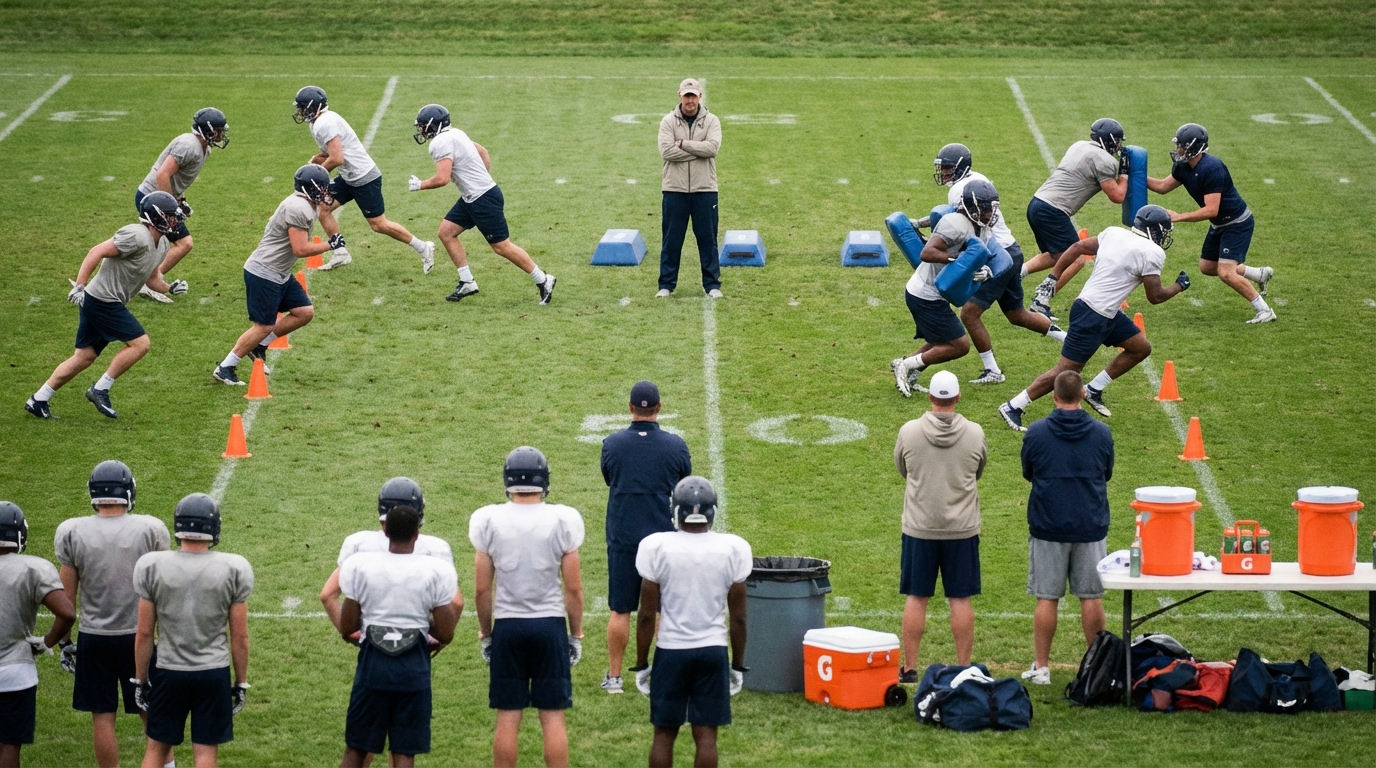 Football practice scene showing players and coaches preparing
