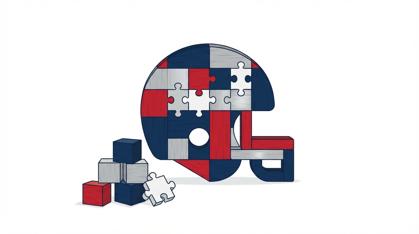 Puzzle pieces and wooden blocks forming a football helmet silhouette