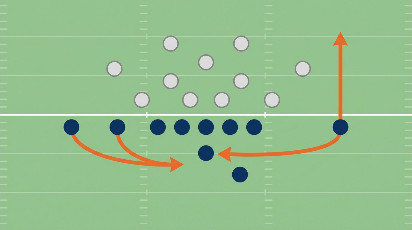 Diagram of a generic football trick play formation showing quarterback under center, running back offset right, three receivers with one in motion, and a wide receiver executing a reverse path; offensive players in dark blue circles, defensive players in gray hollow circles, orange arrows show motion.