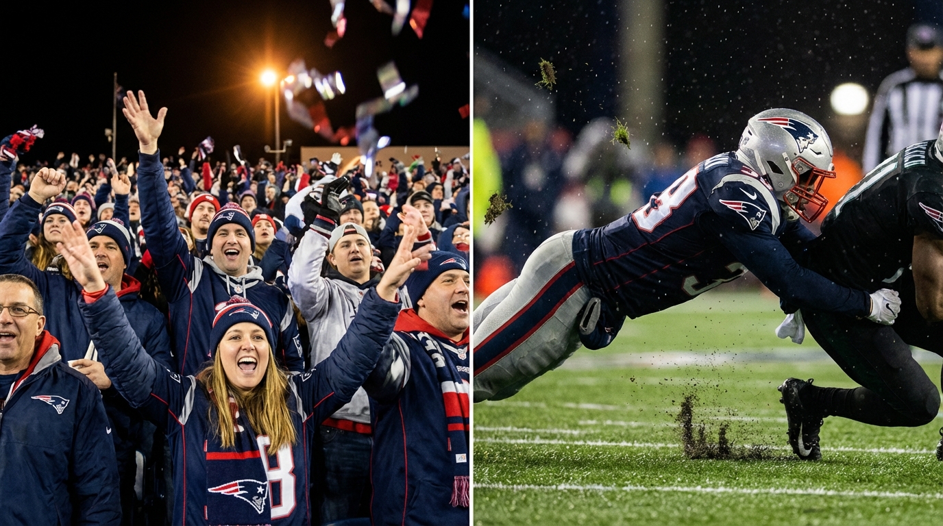 Patriots fans celebrating in stands and a gritty on-field tackle, split-frame, no text