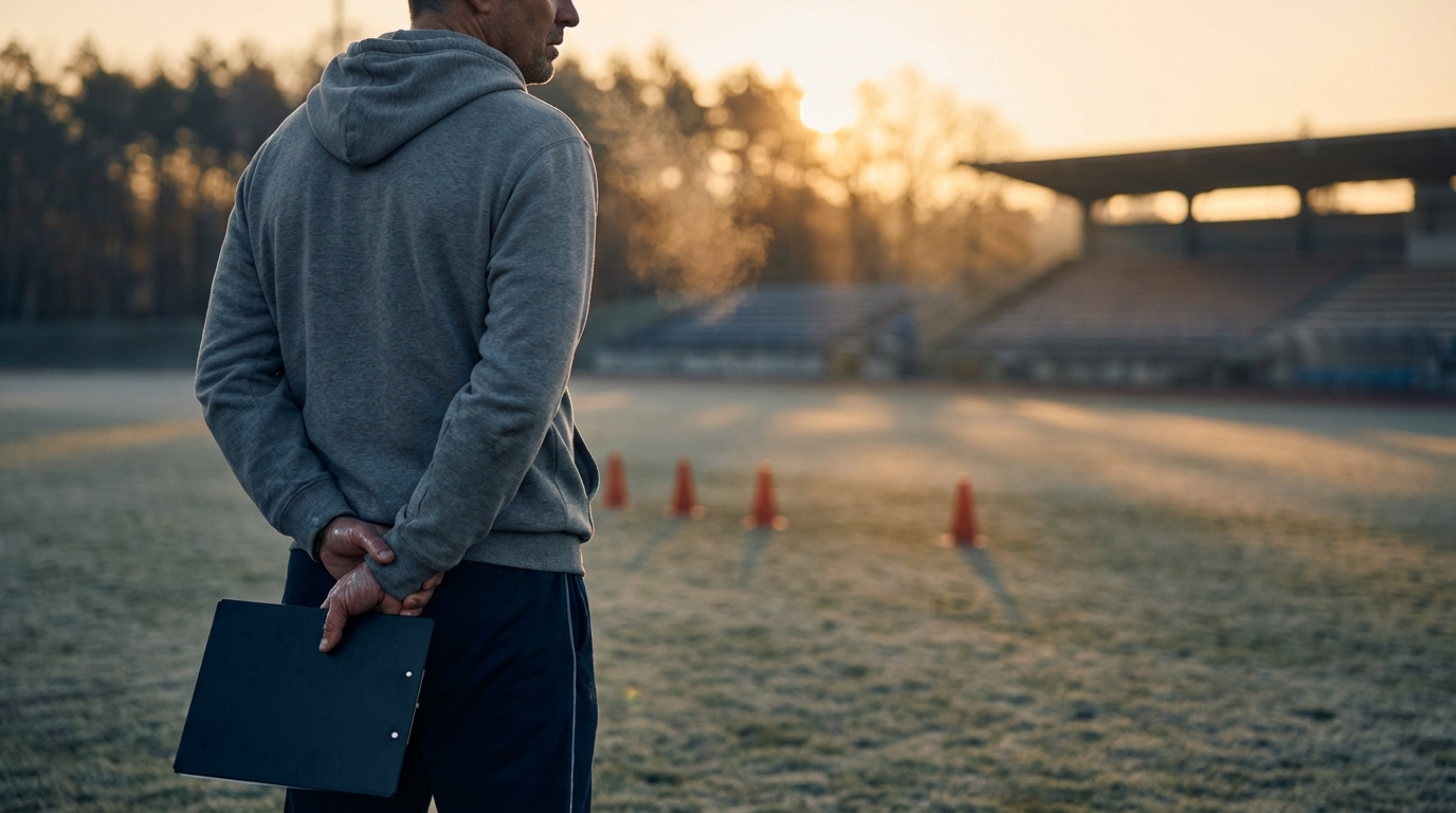 Solitary coach on an empty practice field at dawn, shown from behind in a hoodie clutching a clipboard, cinematic golden hour light