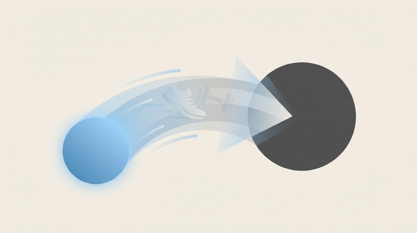 Forward-moving abstract visualization of a transition from a cool blue circular shape to a bold dark gray circle, connected by a translucent forward-pointing motion trail with an abstract athletic silhouette