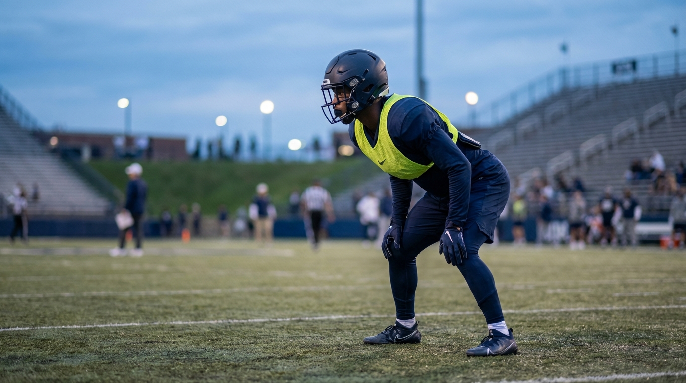 Football defensive back ready on sideline