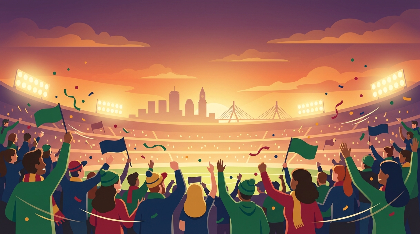 Boston sports fans cheering in a stadium at dusk