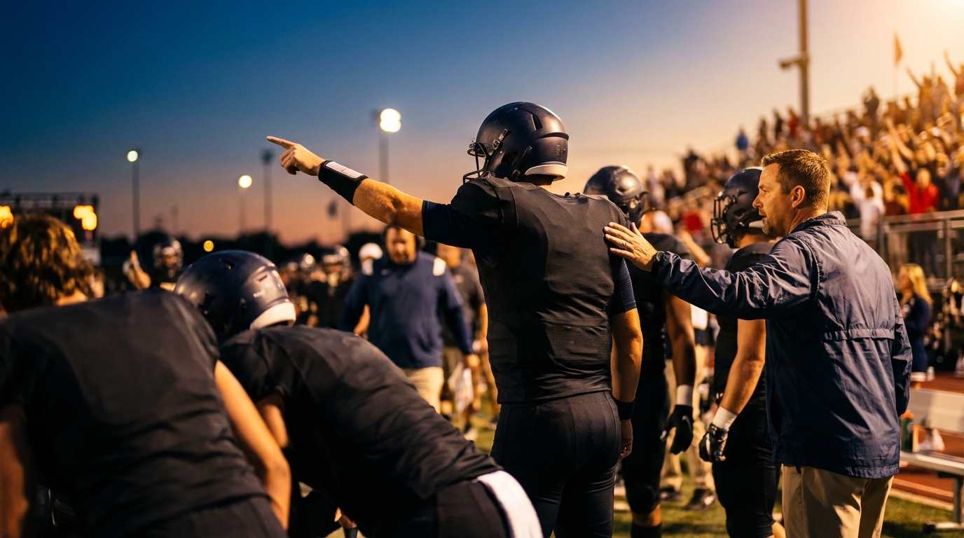 Quarterback directing teammates on the sideline with coach encouraging, dusk stadium, cinematic lighting