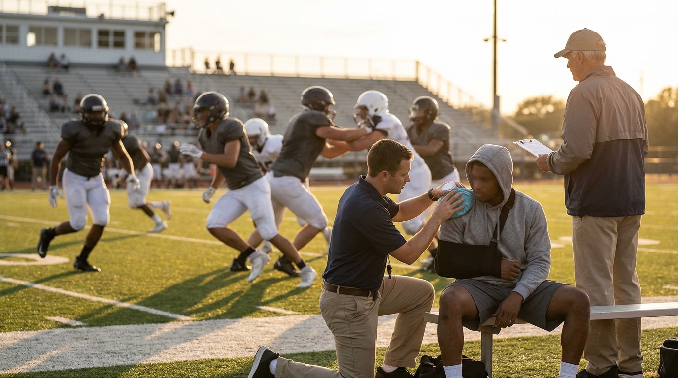 Football players and sideline trainer at golden hour