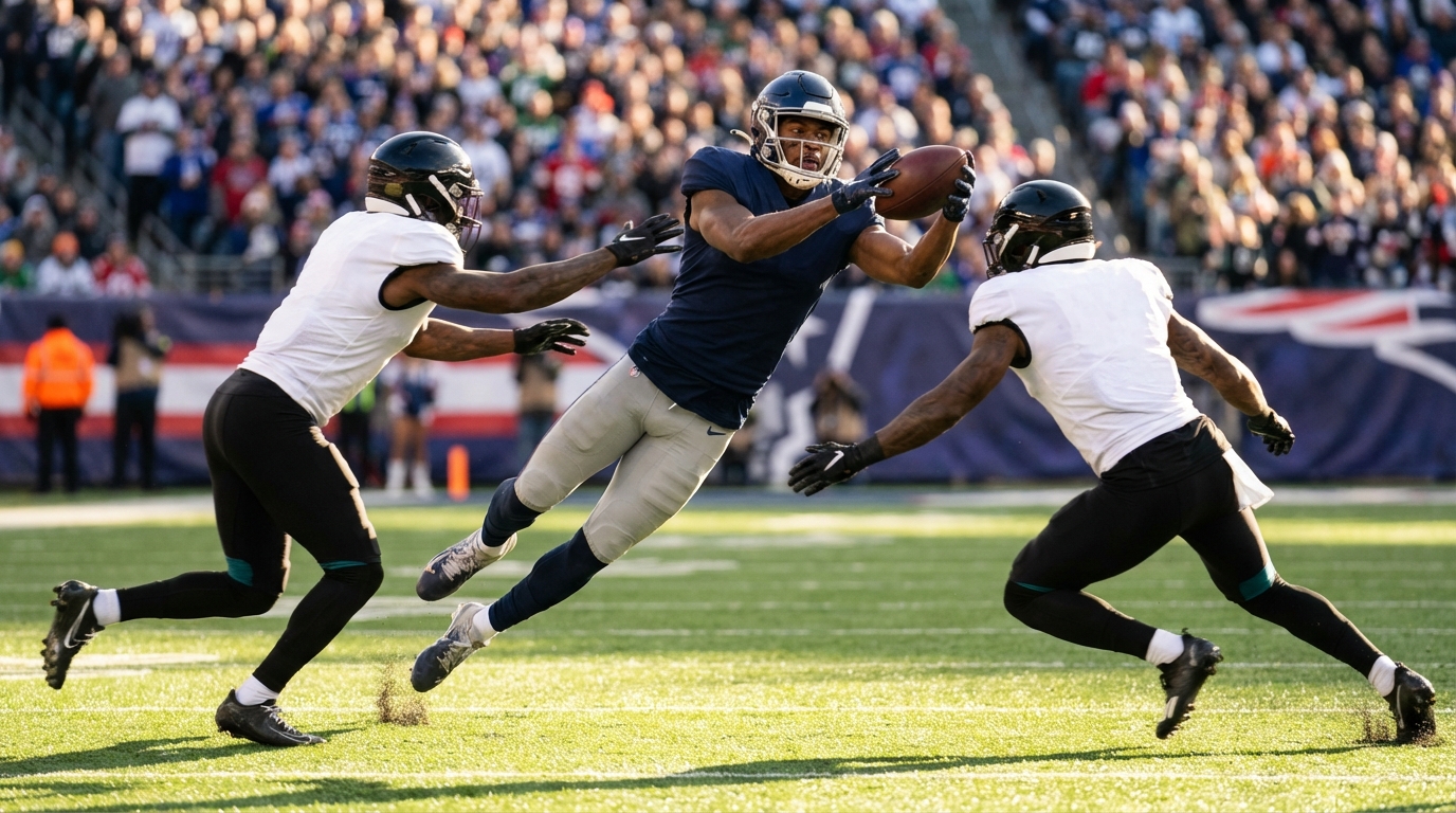 Wide receiver leaping to catch against defenders
