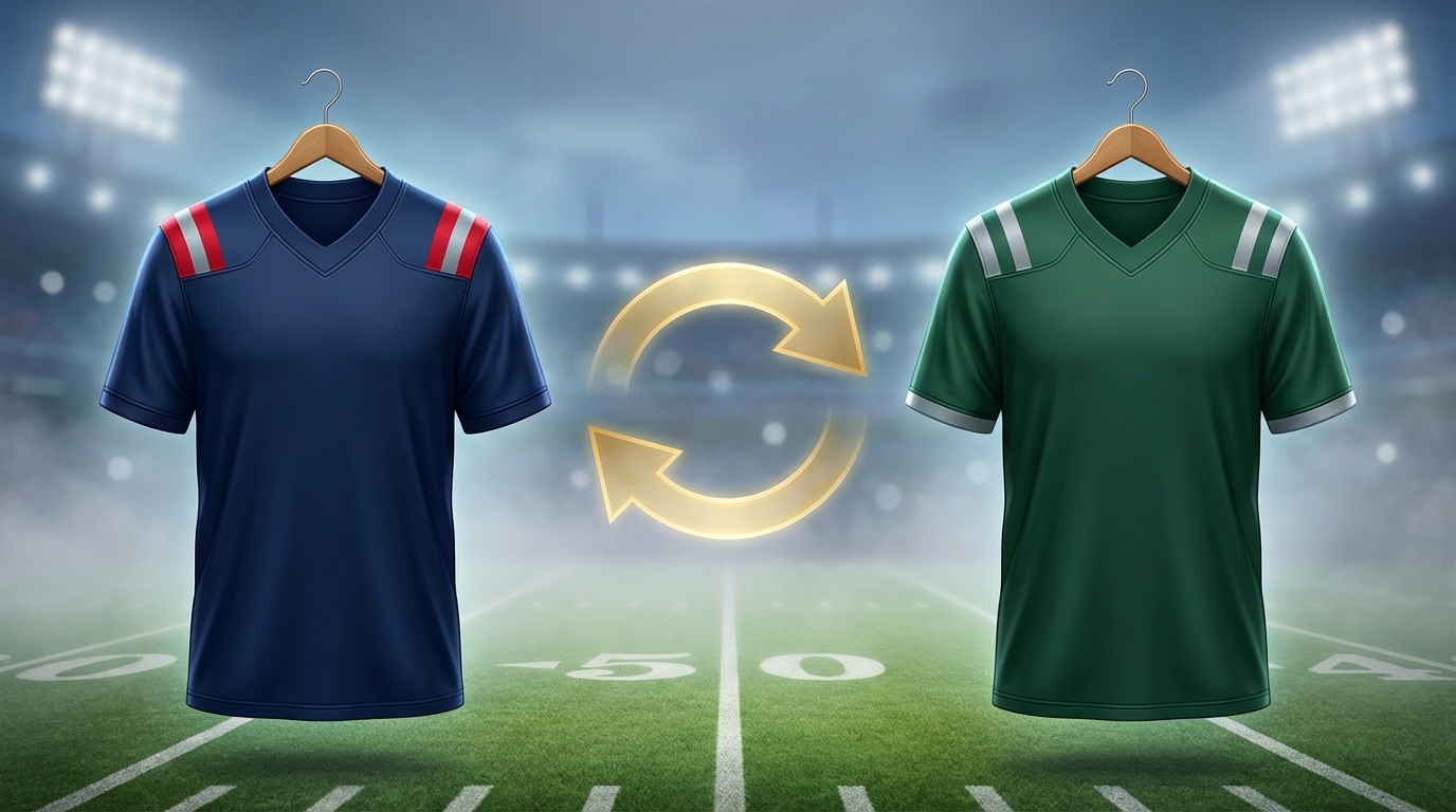 Two hanging football jerseys in Patriots-inspired navy and Eagles-inspired green with glowing gold exchange arrows over a blurred stadium field