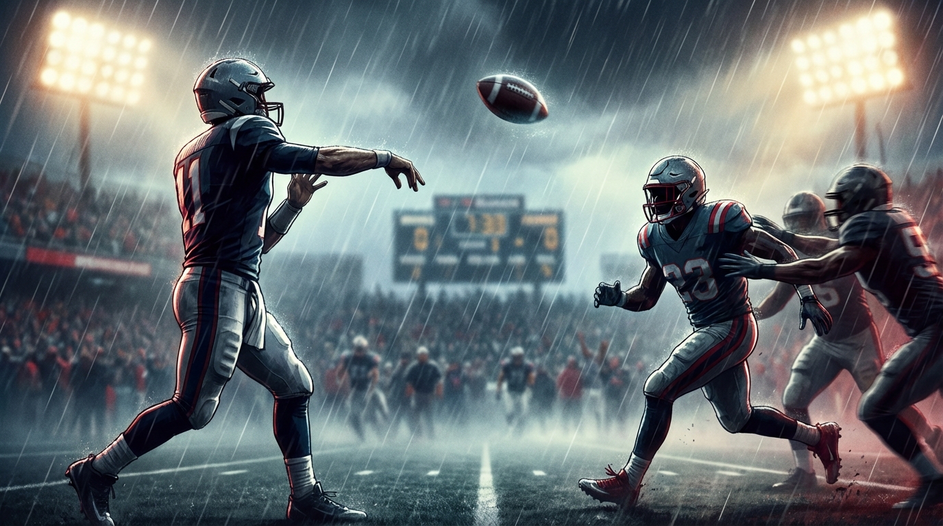 Cinematic stadium shot of two quarterbacks in motion under rain and lights