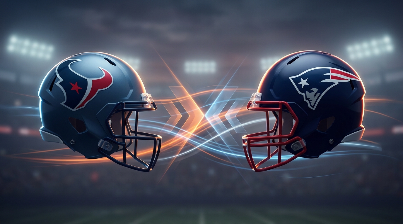 Minimalist helmets representing Texans defense versus Patriots offense