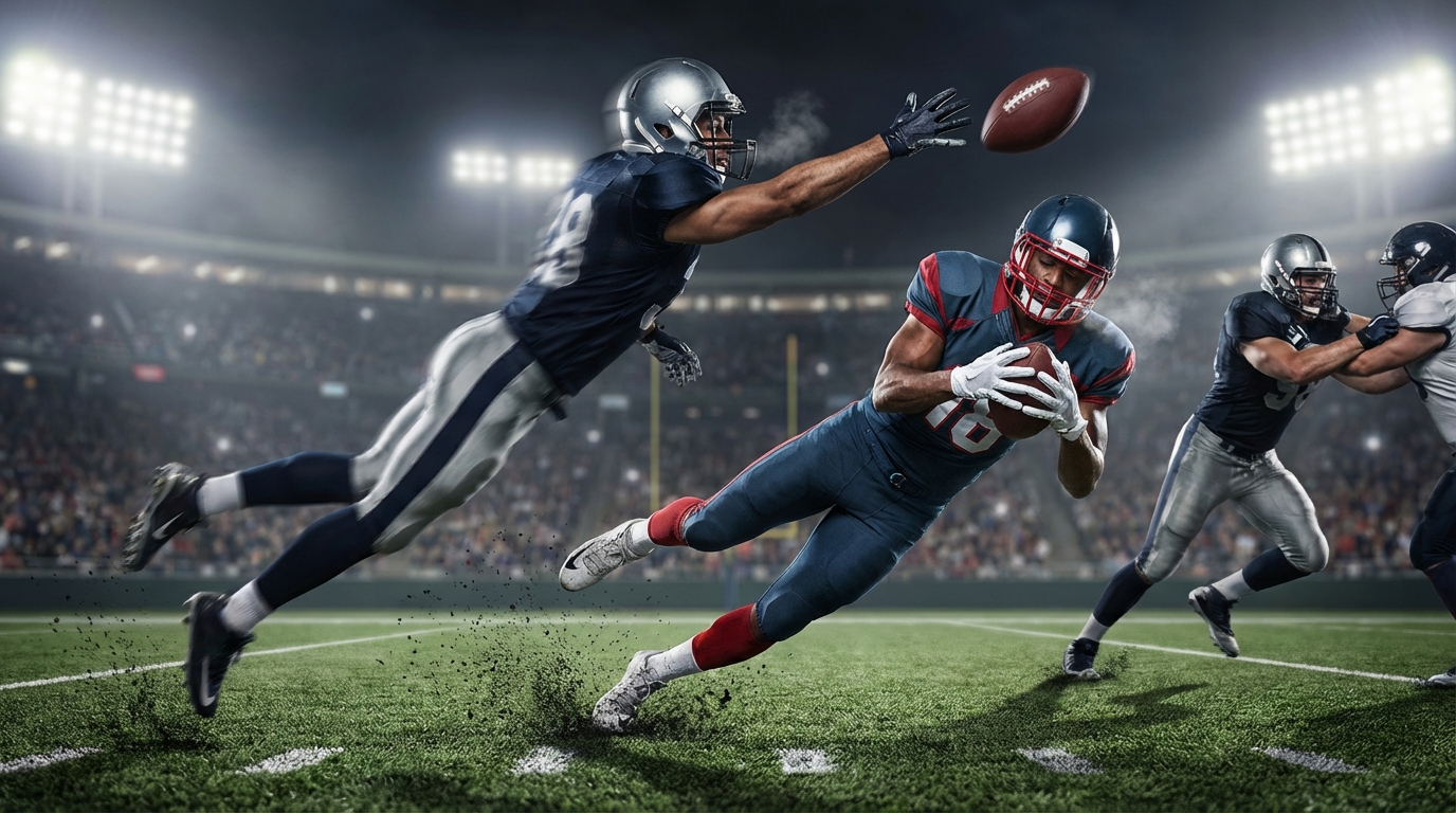 Photorealistic mid-field defensive and offensive matchup scene
