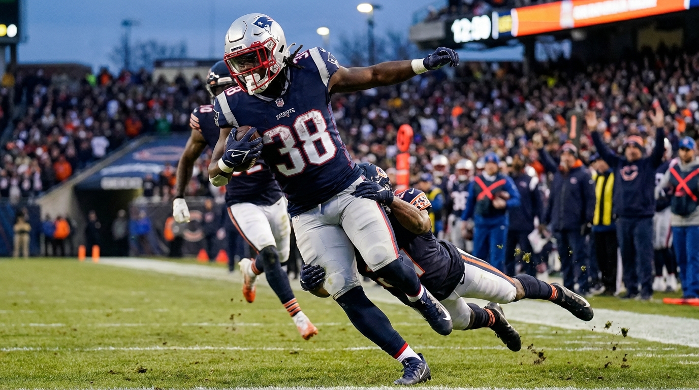 Rhamondre Stevenson breaking a tackle in a playoff catch-and-run