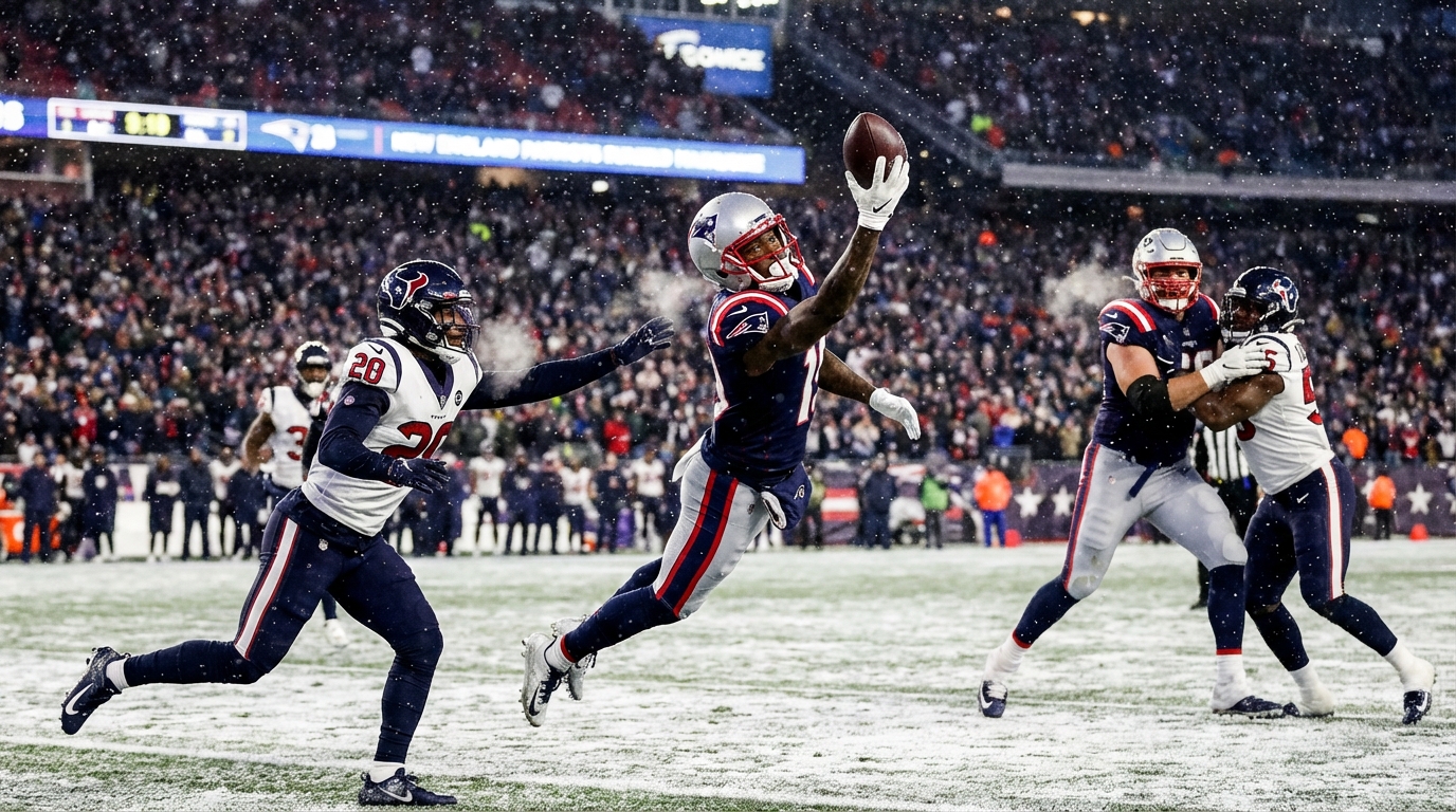 Patriots receiver making a one-handed 32-yard touchdown catch amid falling snow at Gillette Stadium