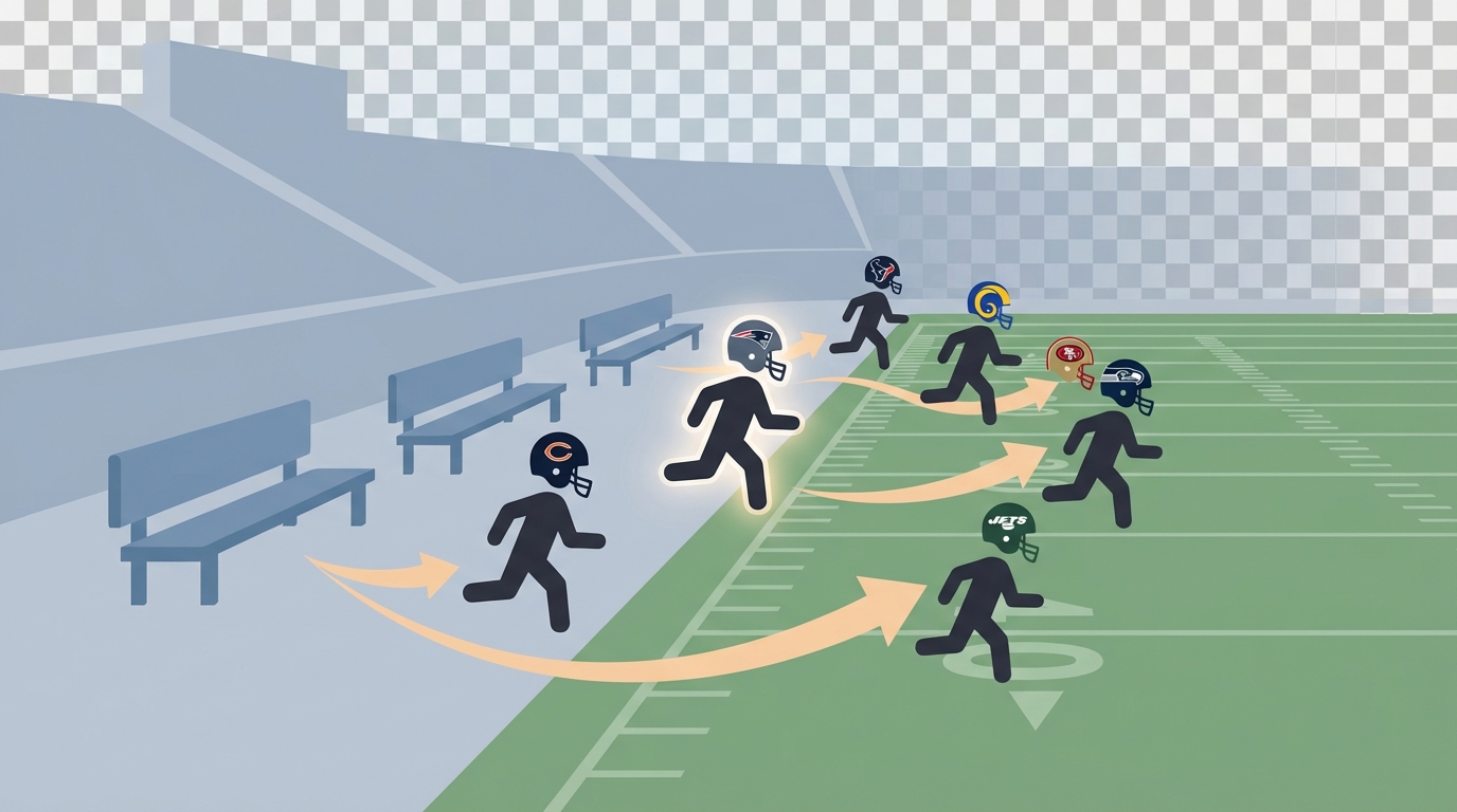 Stylized illustration of NFL roster moves and practice-squad elevations