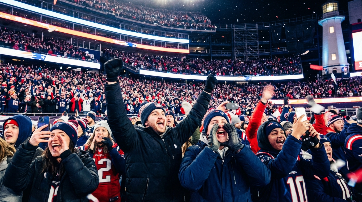 Patriots fans celebrating inside Gillette Stadium during the playoff win