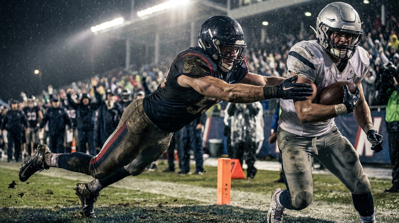 Defensive player lunging near goal line, mist and stadium lights