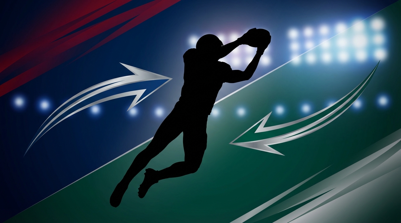 A silhouetted wide receiver leaping between Patriots navy-blue and Eagles midnight-green backgrounds