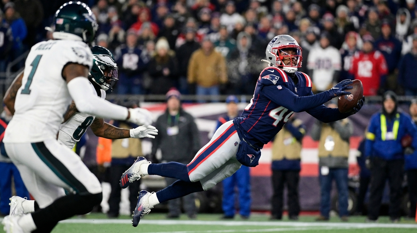 Marcus Jones intercepting pass during Patriots Divisional Round victory, leaping for ball.
