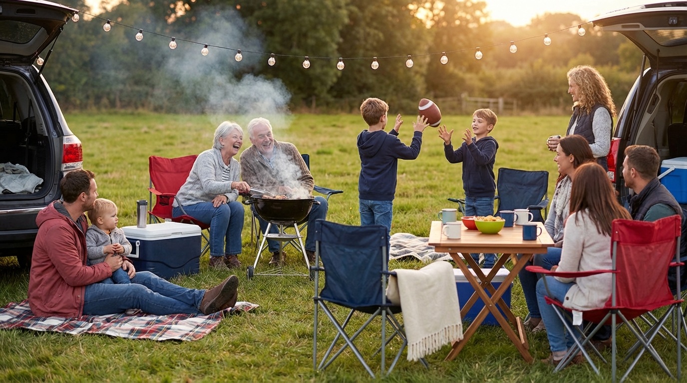 Family tailgate at dusk, multi-generation group sharing snacks and laughter