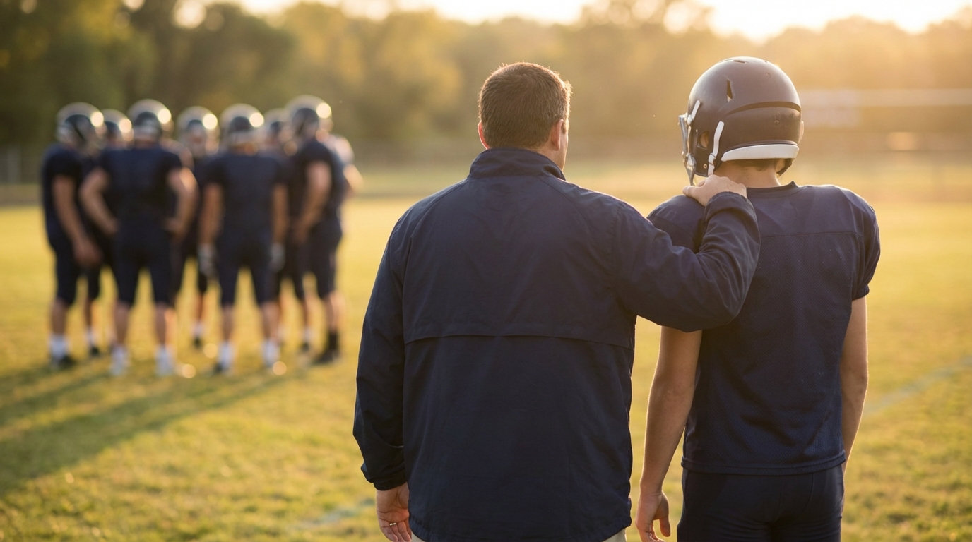 Head coach mentoring quarterback at golden hour