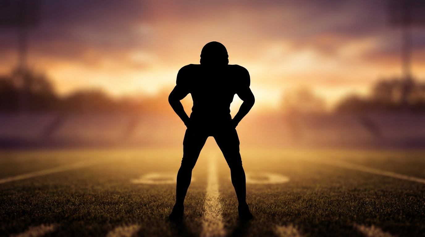 Football linebacker silhouette contemplating a reunion on the field