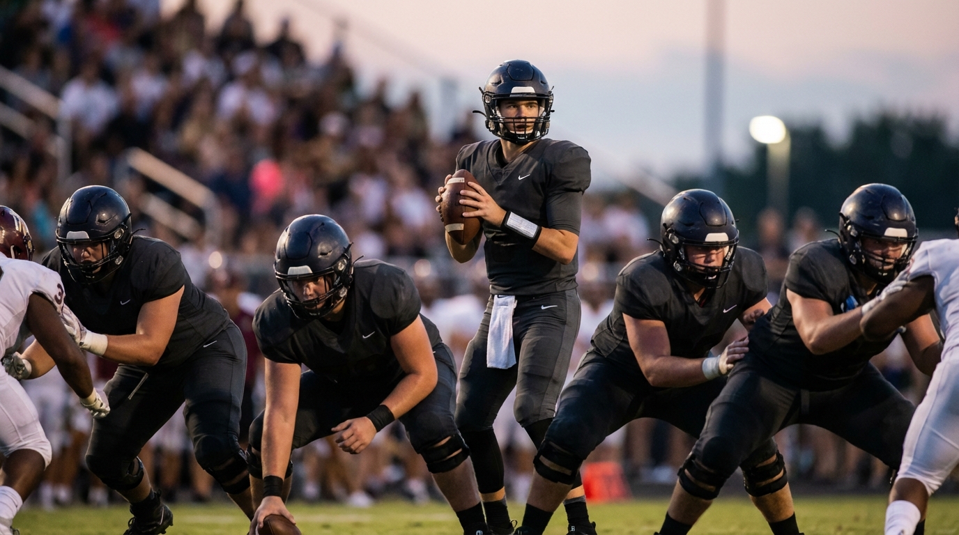 Football offensive line protecting quarterback during a live game