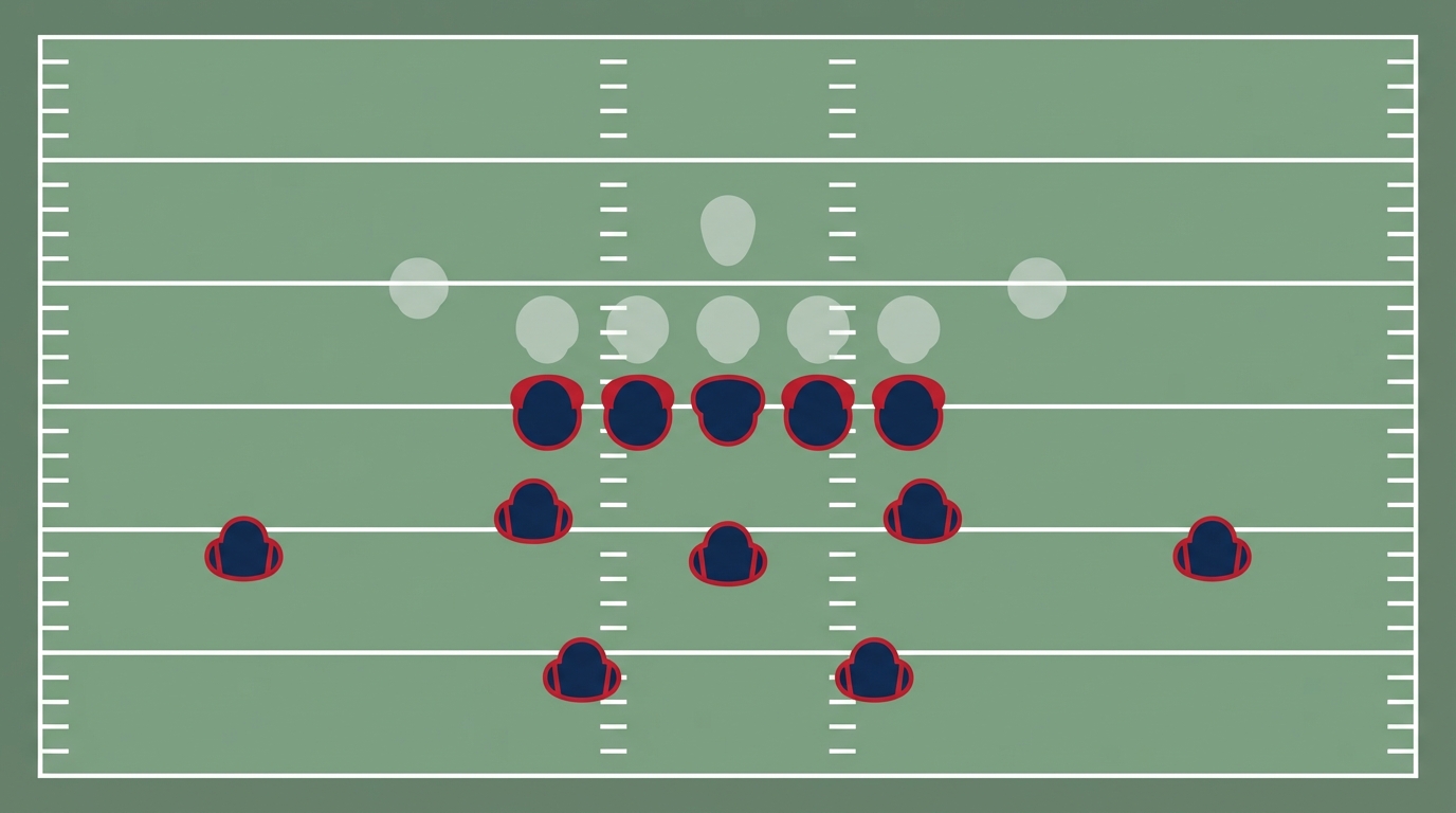 Stylized overhead illustration of Patriots defensive formation on the field