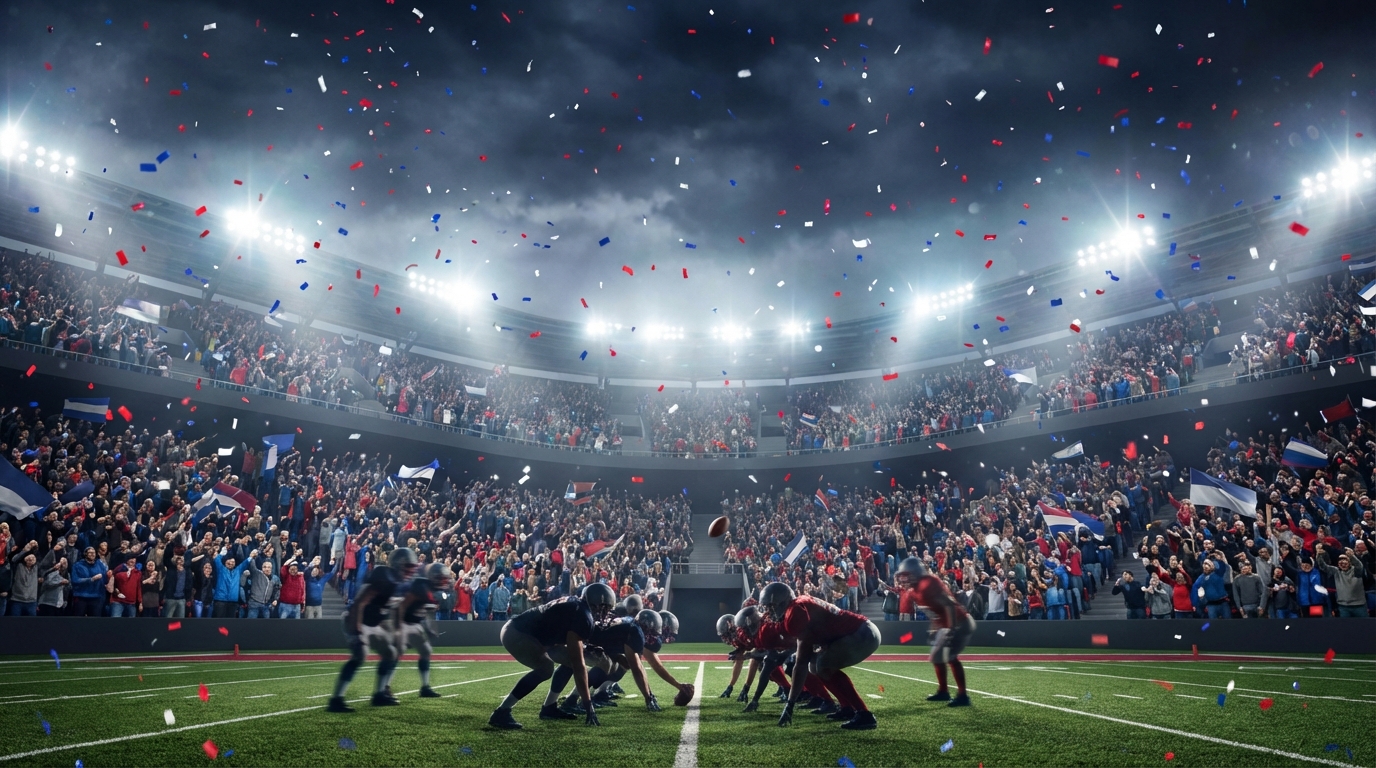 Packed NFL stadium at night with roaring fans, confetti, bright lights, and players in action.