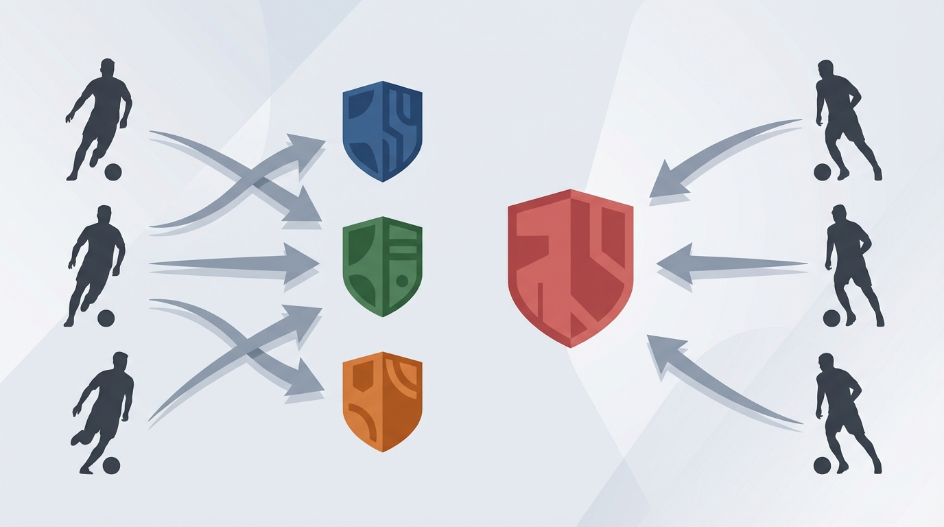 Vector illustration of football player silhouettes and abstract team shields connected by arrows indicating player movement