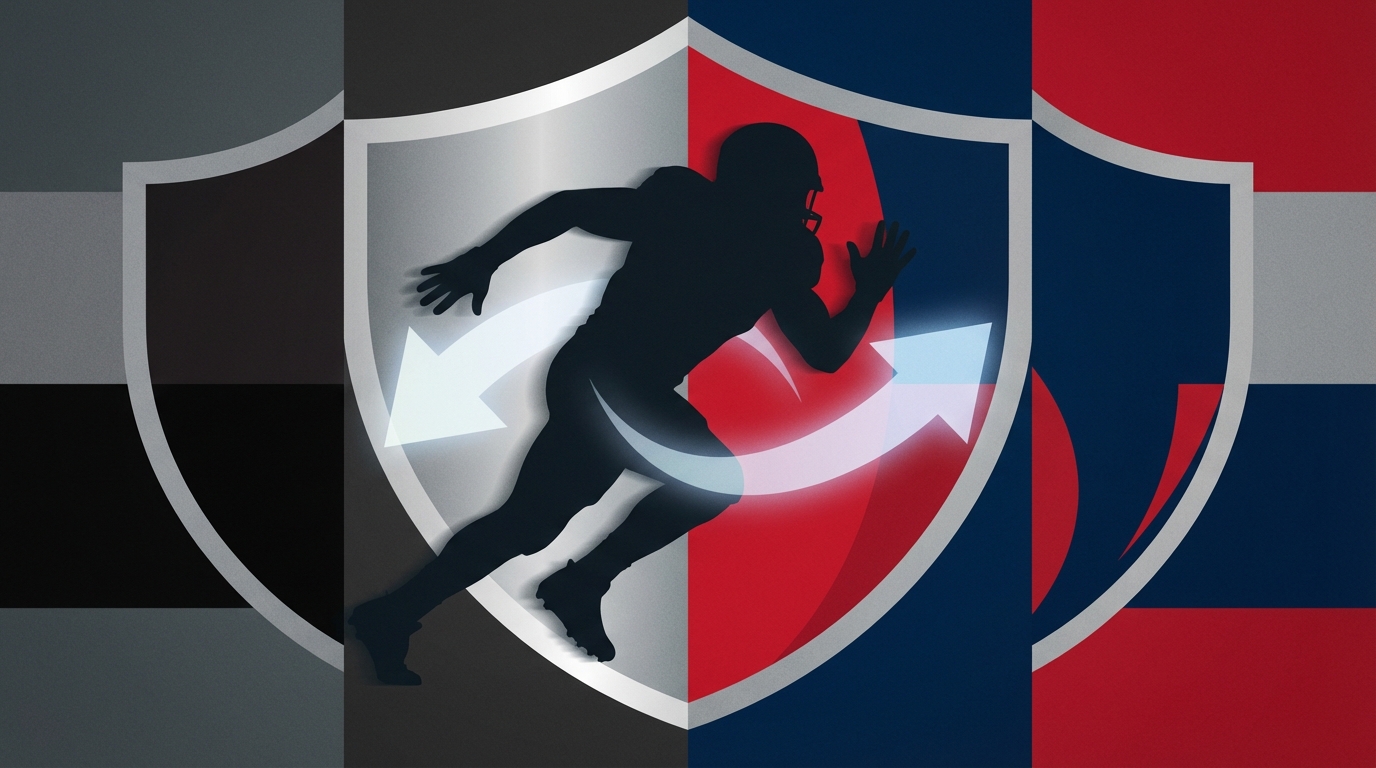 Silhouette of a rushing defensive lineman split background in Raiders and Patriots colors with curved arrows connecting sides symbolizing trade rumors