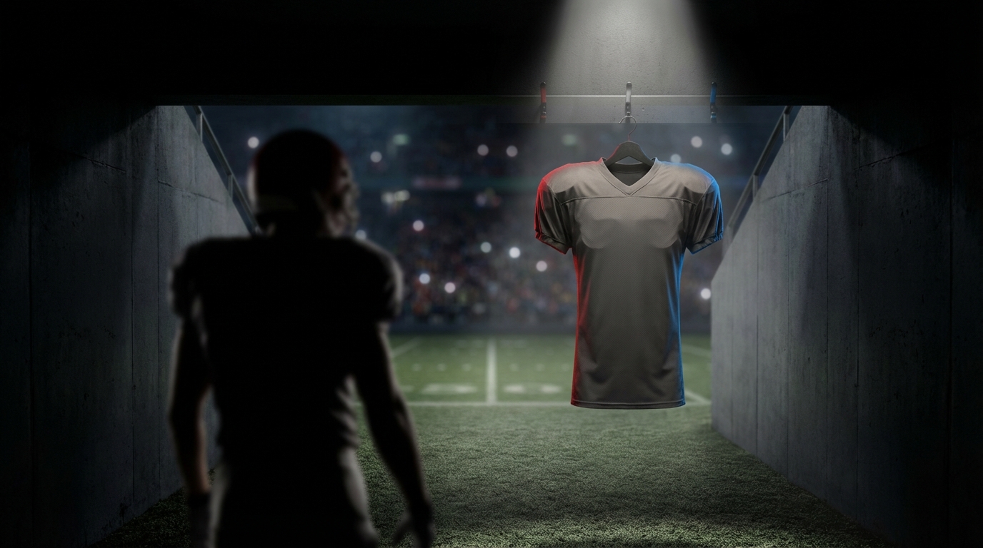 Spotlight on empty football jersey in tunnel with silhouette of player ready to step forward — symbolic of a Patriots injured reserve player about to break out